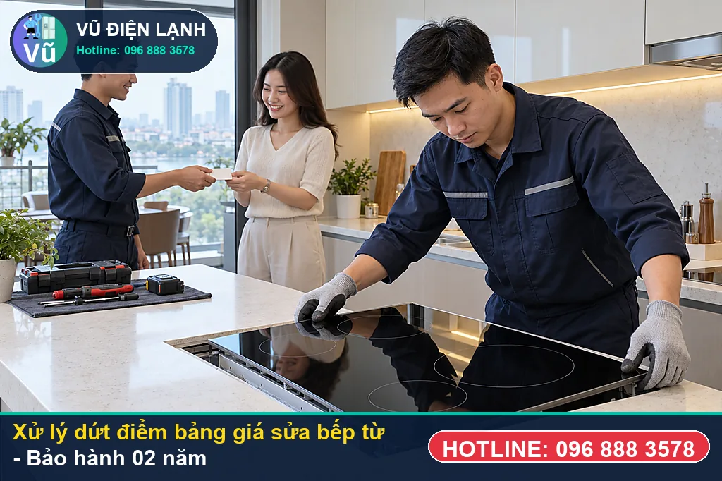Hoàn tất xử lý bảng giá sửa bếp từ, nghiệm thu đun sôi nước và bàn giao phiếu bảo hành 02 năm Vũ Điện Lạnh