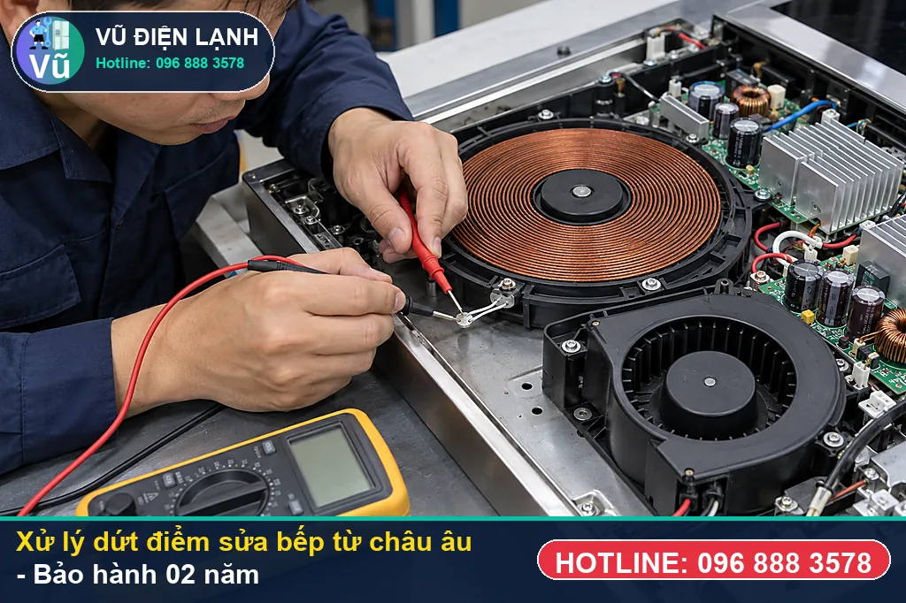 Hoàn tất xử lý sửa bếp từ châu âu, nghiệm thu đun sôi nước và bàn giao phiếu bảo hành 02 năm Vũ Điện Lạnh