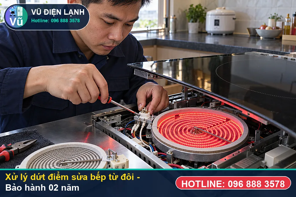 Hoàn tất xử lý sửa bếp từ đôi, nghiệm thu đun sôi nước và bàn giao phiếu bảo hành 02 năm Vũ Điện Lạnh