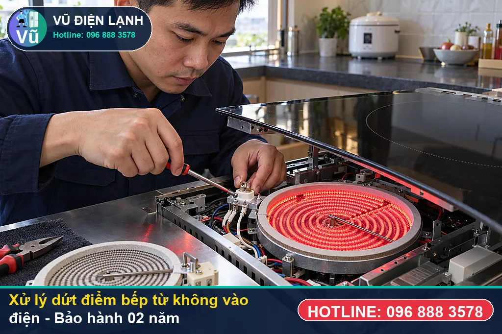 Hoàn tất xử lý bếp từ không vào điện, nghiệm thu đun sôi nước và bàn giao phiếu bảo hành 02 năm Vũ Điện Lạnh