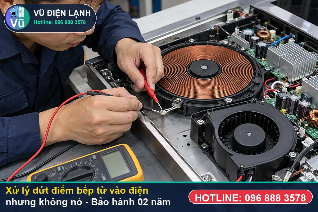 Hoàn tất xử lý bếp từ vào điện nhưng không nóng, nghiệm thu đun sôi nước và bàn giao phiếu bảo hành 02 năm Vũ Điện Lạnh