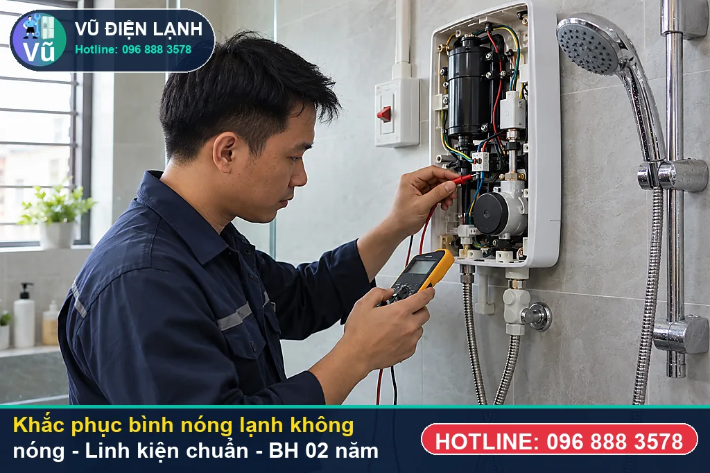 Hoàn tất xử lý bình nóng lạnh không nóng, xả E khí, test chống giật ELCB và bàn giao phiếu bảo hành 02 năm Vũ Điện Lạnh