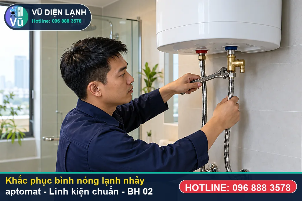 Hoàn tất xử lý bình nóng lạnh nhảy aptomat, xả E khí, test chống giật ELCB và bàn giao phiếu bảo hành 02 năm Vũ Điện Lạnh