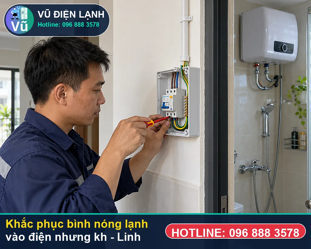 Hoàn tất xử lý bình nóng lạnh vào điện nhưng không nóng, xả E khí, test chống giật ELCB và bàn giao phiếu bảo hành 02 năm Vũ Điện Lạnh