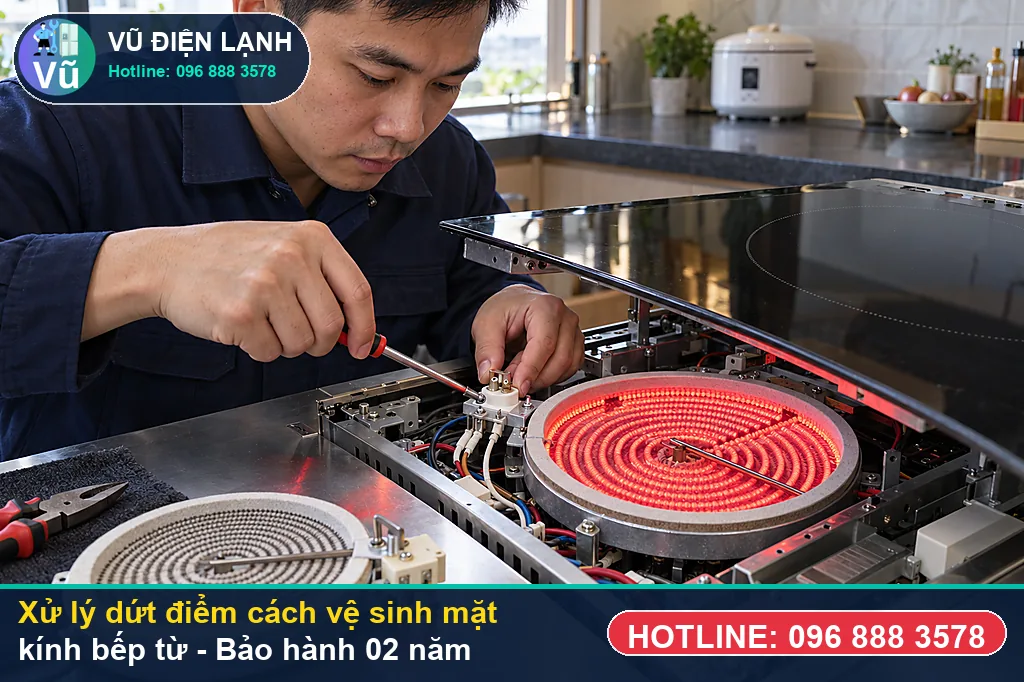 Hoàn tất xử lý cách vệ sinh mặt kính bếp từ, nghiệm thu đun sôi nước và bàn giao phiếu bảo hành 02 năm Vũ Điện Lạnh