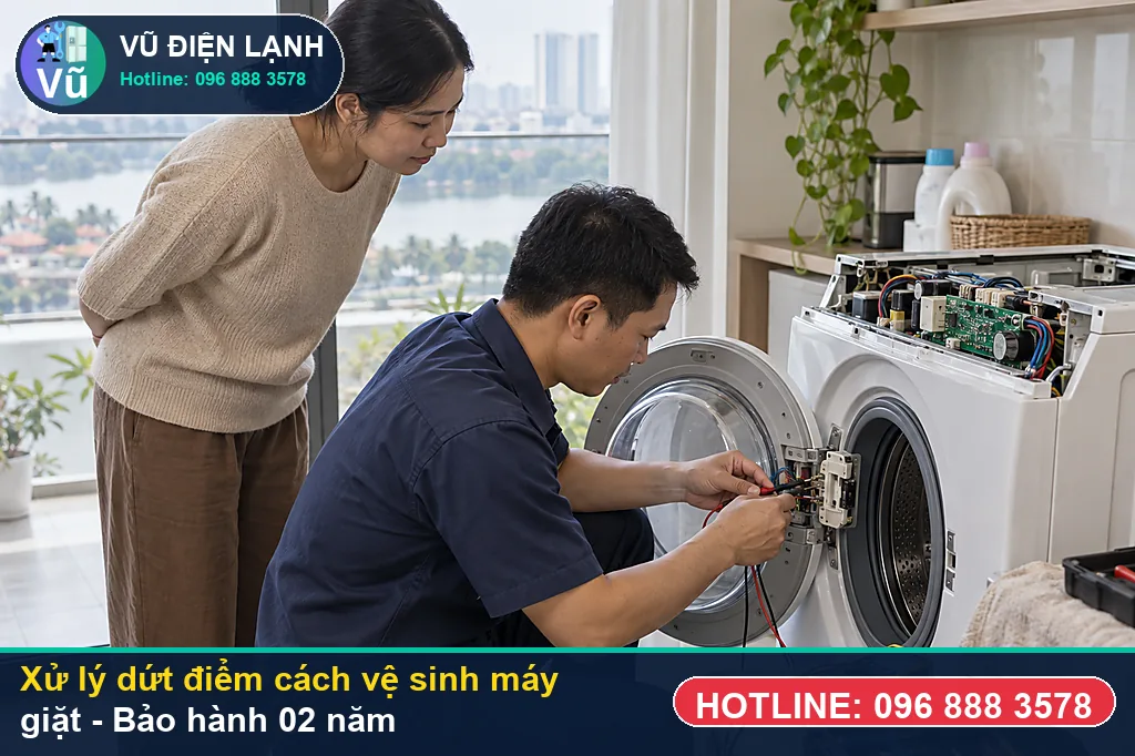Hoàn tất xử lý cách vệ sinh máy giặt, nghiệm thu chạy thử êm và bàn giao phiếu bảo hành 02 năm Vũ Điện Lạnh