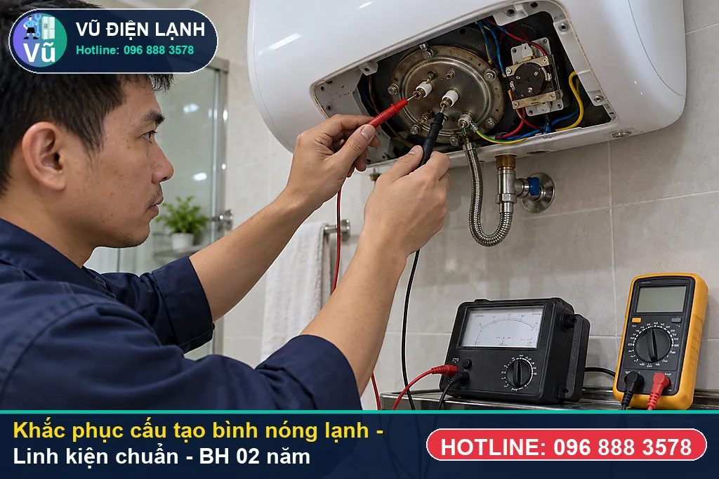 Hoàn tất xử lý cấu tạo bình nóng lạnh, xả E khí, test chống giật ELCB và bàn giao phiếu bảo hành 02 năm Vũ Điện Lạnh