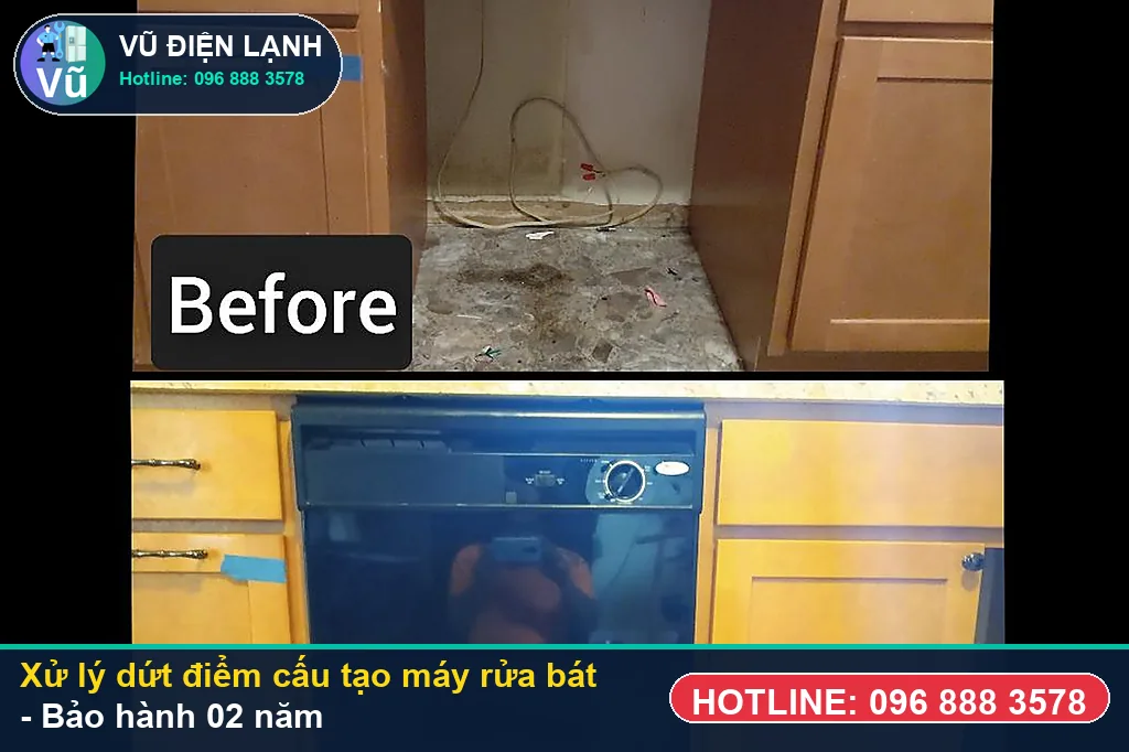 Hoàn tất xử lý cấu tạo máy rửa bát, chạy thử nước nóng 70 độ và bàn giao phiếu bảo hành 02 năm Vũ Điện Lạnh