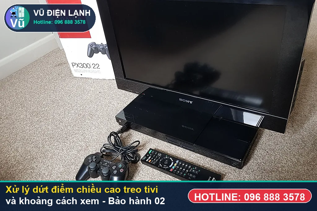 Hoàn tất xử lý chiều cao treo tivi và khoảng cách xem, kiểm tra hình ảnh 4K sắc nét và bàn giao phiếu bảo hành 02 năm Vũ Điện Lạnh