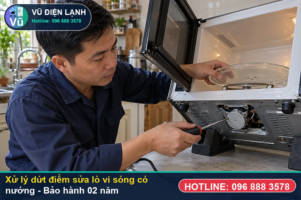 Hoàn tất xử lý sửa lò vi sóng có nướng, nghiệm thu đun sôi nước và bàn giao phiếu bảo hành 02 năm Vũ Điện Lạnh