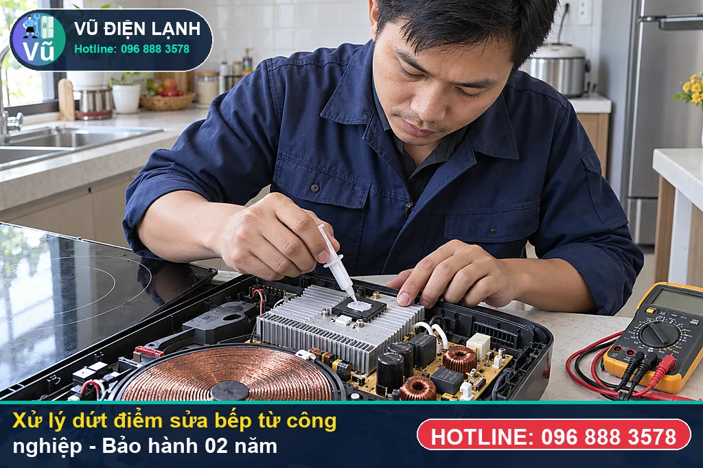 Hoàn tất xử lý sửa bếp từ công nghiệp, nghiệm thu đun sôi nước và bàn giao phiếu bảo hành 02 năm Vũ Điện Lạnh