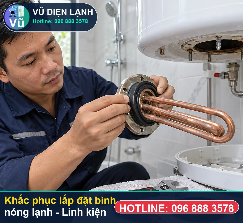 Hoàn tất xử lý lắp đặt bình nóng lạnh, xả E khí, test chống giật ELCB và bàn giao phiếu bảo hành 02 năm Vũ Điện Lạnh