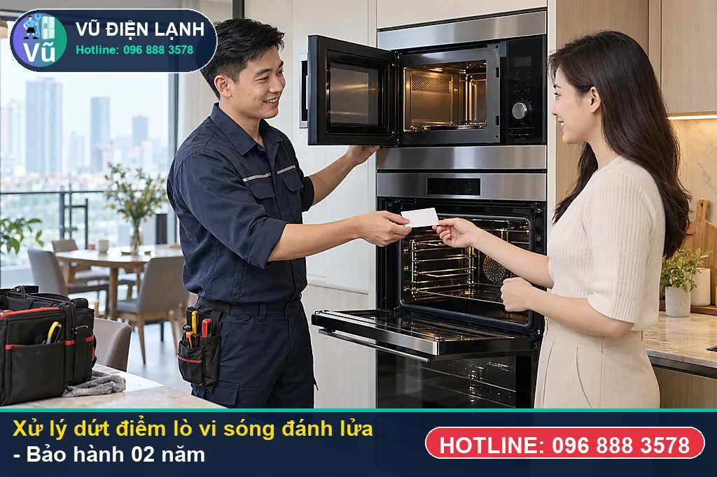 Hoàn tất xử lý lò vi sóng đánh lửa, nghiệm thu đun sôi nước và bàn giao phiếu bảo hành 02 năm Vũ Điện Lạnh