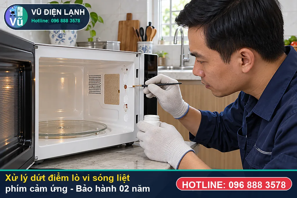 Hoàn tất xử lý lò vi sóng liệt phím cảm ứng, nghiệm thu đun sôi nước và bàn giao phiếu bảo hành 02 năm Vũ Điện Lạnh