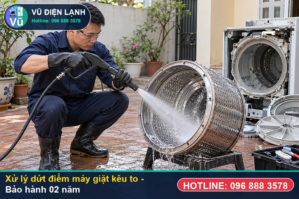 Hoàn tất xử lý máy giặt kêu to, nghiệm thu chạy thử êm và bàn giao phiếu bảo hành 02 năm Vũ Điện Lạnh