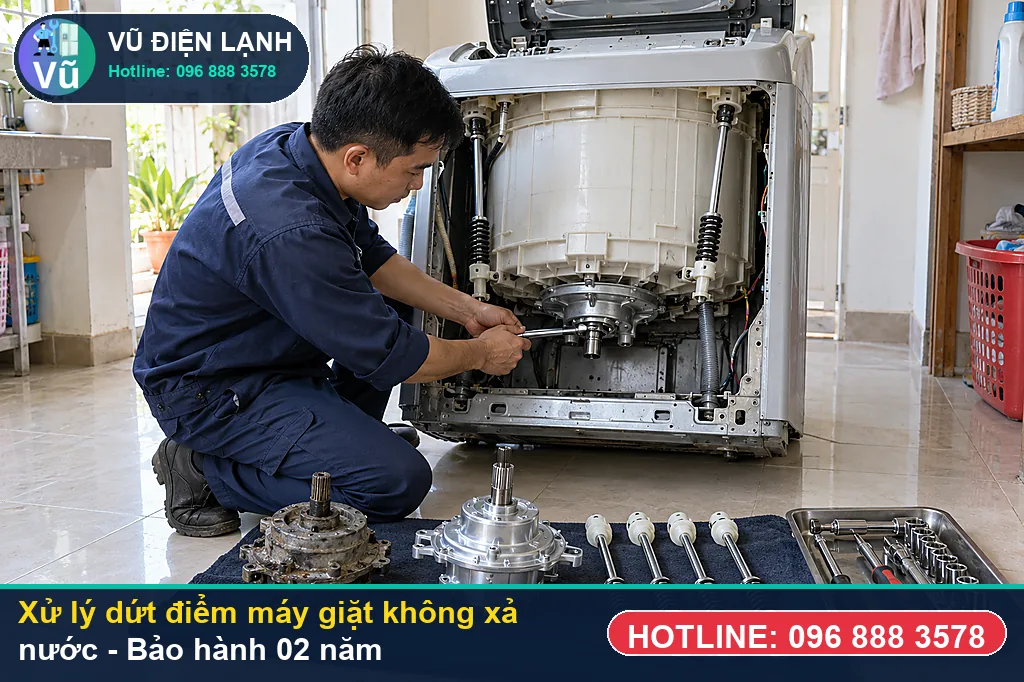 Hoàn tất xử lý máy giặt không xả nước, nghiệm thu chạy thử êm và bàn giao phiếu bảo hành 02 năm Vũ Điện Lạnh