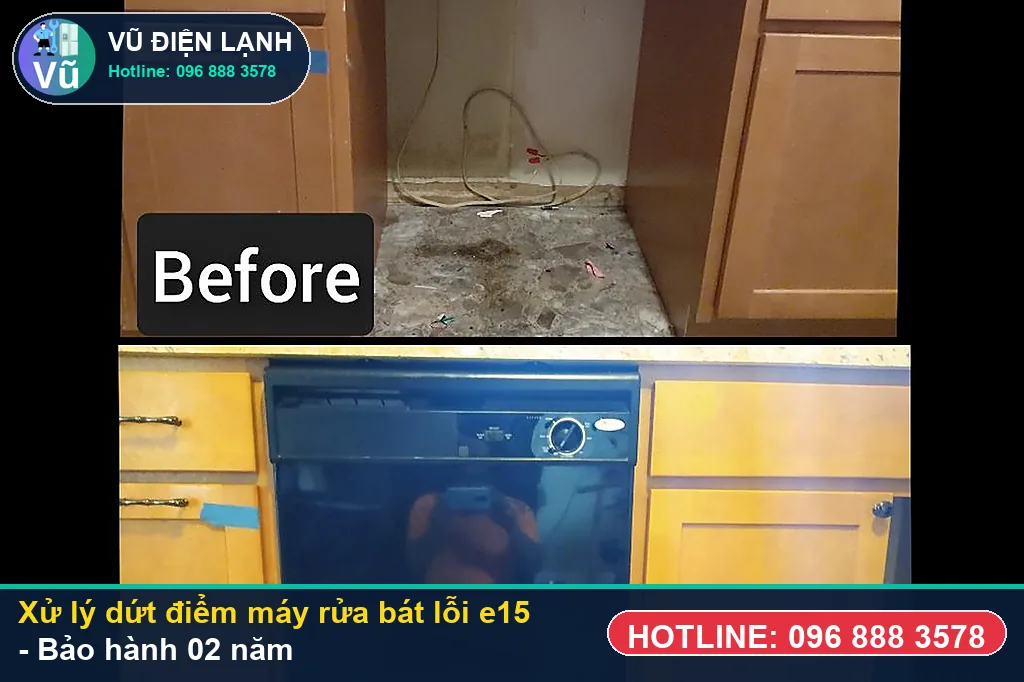 Hoàn tất xử lý máy rửa bát lỗi e15, chạy thử nước nóng 70 độ và bàn giao phiếu bảo hành 02 năm Vũ Điện Lạnh