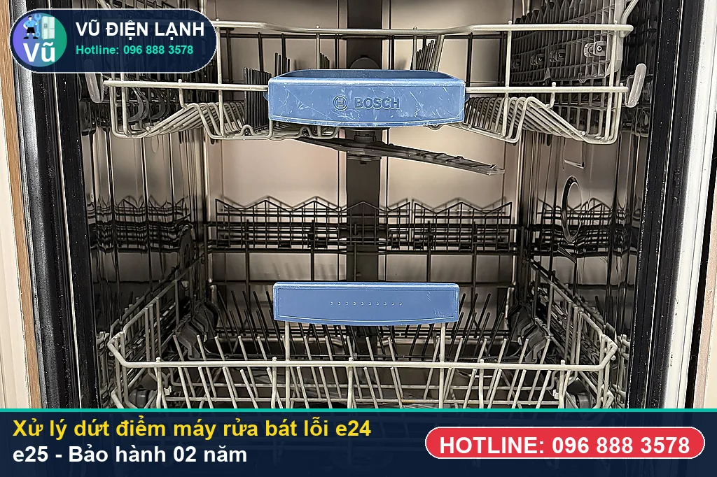 Hoàn tất xử lý máy rửa bát lỗi e24 e25, chạy thử nước nóng 70 độ và bàn giao phiếu bảo hành 02 năm Vũ Điện Lạnh