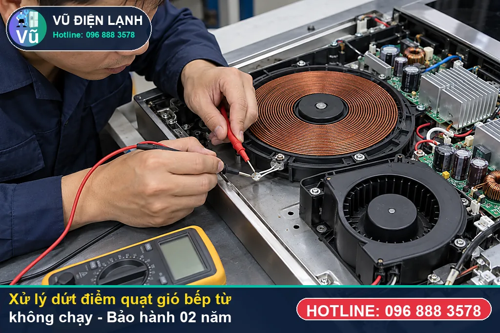 Hoàn tất xử lý quạt gió bếp từ không chạy, nghiệm thu đun sôi nước và bàn giao phiếu bảo hành 02 năm Vũ Điện Lạnh