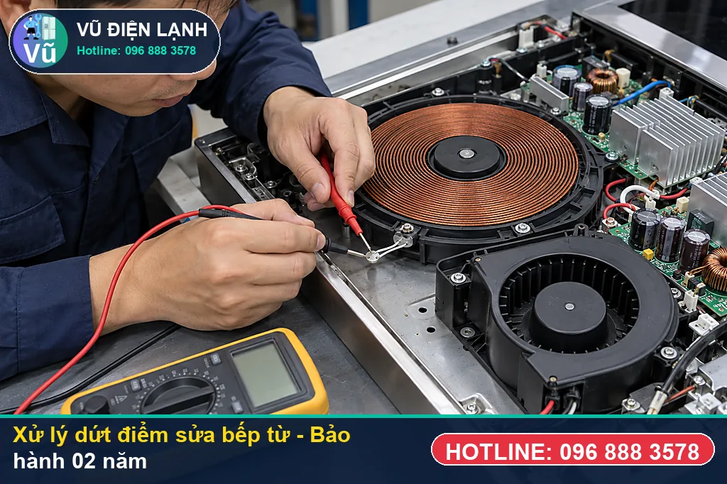 Hoàn tất xử lý sửa bếp từ, nghiệm thu đun sôi nước và bàn giao phiếu bảo hành 02 năm Vũ Điện Lạnh