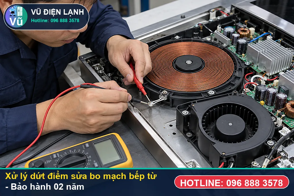 Hoàn tất xử lý sửa bo mạch bếp từ, nghiệm thu đun sôi nước và bàn giao phiếu bảo hành 02 năm Vũ Điện Lạnh