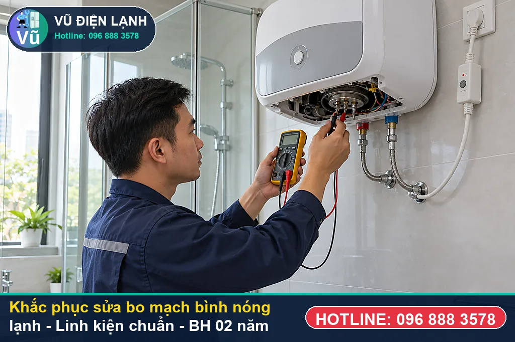 Hoàn tất xử lý sửa bo mạch bình nóng lạnh, xả E khí, test chống giật ELCB và bàn giao phiếu bảo hành 02 năm Vũ Điện Lạnh