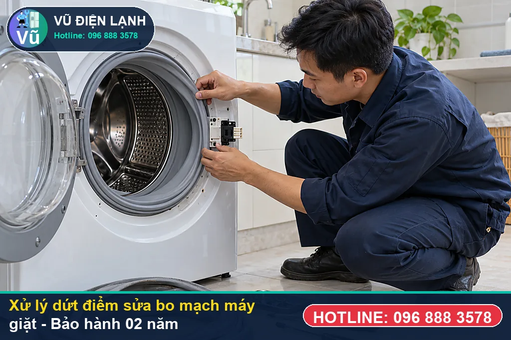 Hoàn tất xử lý sửa bo mạch máy giặt, nghiệm thu chạy thử êm và bàn giao phiếu bảo hành 02 năm Vũ Điện Lạnh