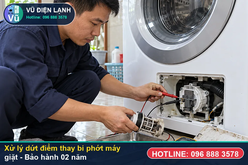 Hoàn tất xử lý thay bi phớt máy giặt, nghiệm thu chạy thử êm và bàn giao phiếu bảo hành 02 năm Vũ Điện Lạnh