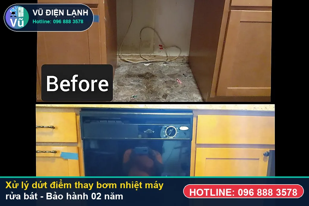 Hoàn tất xử lý thay bơm nhiệt máy rửa bát, chạy thử nước nóng 70 độ và bàn giao phiếu bảo hành 02 năm Vũ Điện Lạnh