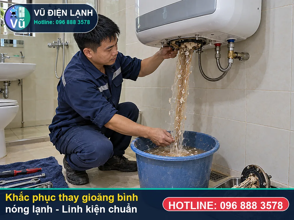 Hoàn tất xử lý thay gioăng bình nóng lạnh, xả E khí, test chống giật ELCB và bàn giao phiếu bảo hành 02 năm Vũ Điện Lạnh