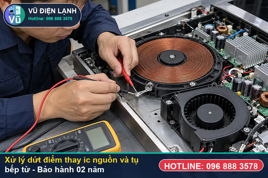 Hoàn tất xử lý thay ic nguồn và tụ bếp từ, nghiệm thu đun sôi nước và bàn giao phiếu bảo hành 02 năm Vũ Điện Lạnh