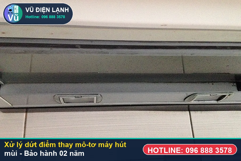 Hoàn tất xử lý thay mô-tơ máy hút mùi, kiểm tra lưu lượng gió hút khỏe và bàn giao phiếu bảo hành 02 năm Vũ Điện Lạnh