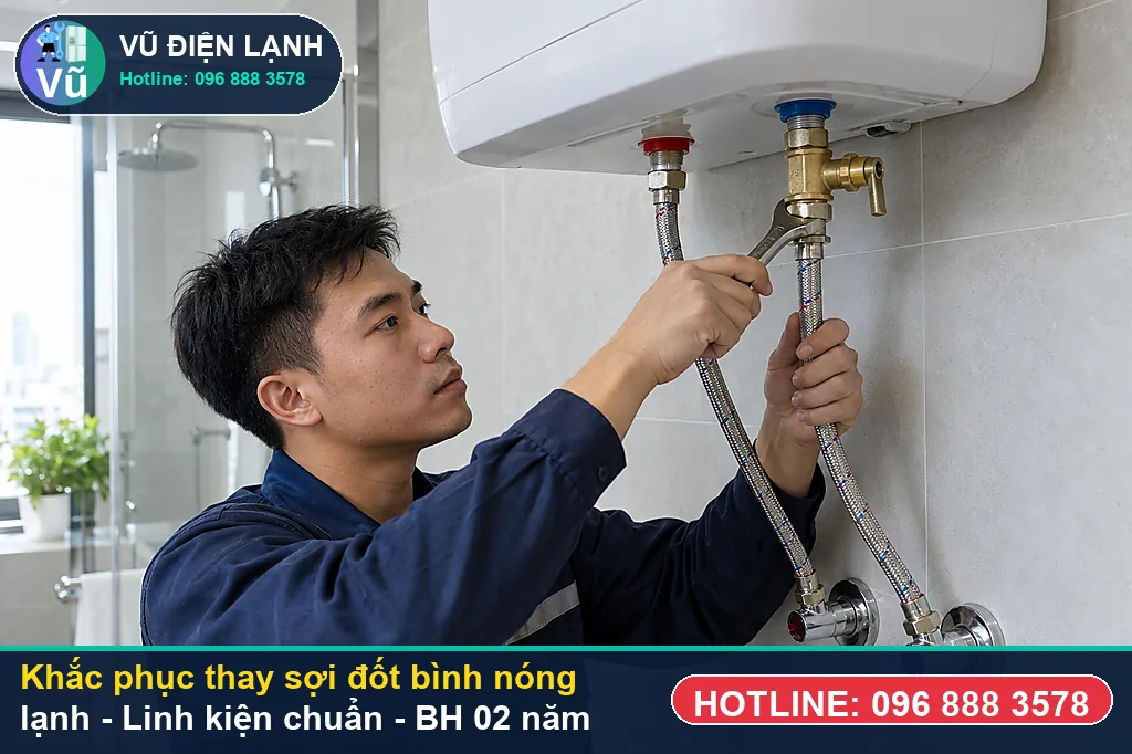 Hoàn tất xử lý thay sợi đốt bình nóng lạnh, xả E khí, test chống giật ELCB và bàn giao phiếu bảo hành 02 năm Vũ Điện Lạnh