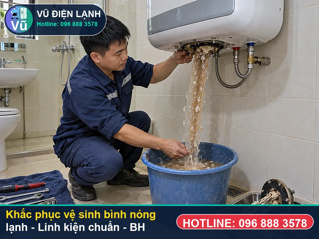 Hoàn tất xử lý vệ sinh bình nóng lạnh, xả E khí, test chống giật ELCB và bàn giao phiếu bảo hành 02 năm Vũ Điện Lạnh