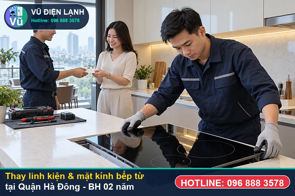 Khách hàng tại Quận Hà Đông kiểm tra linh kiện bếp từ chính hãng và nhận phiếu bảo hành 02 năm của Vũ Điện Lạnh