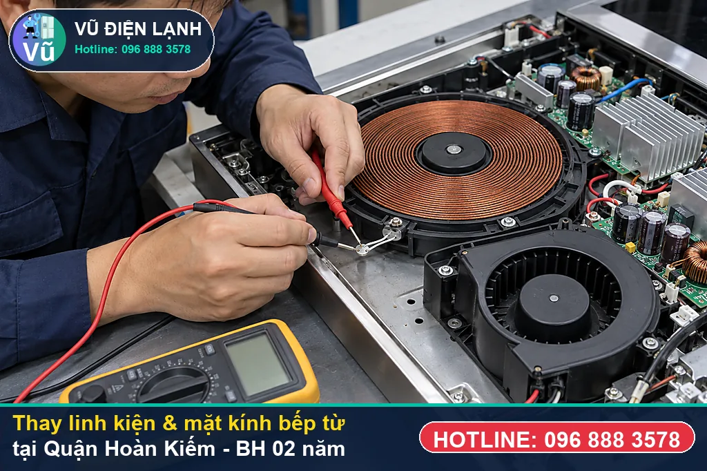 Khách hàng tại Quận Hoàn Kiếm kiểm tra linh kiện bếp từ chính hãng và nhận phiếu bảo hành 02 năm của Vũ Điện Lạnh