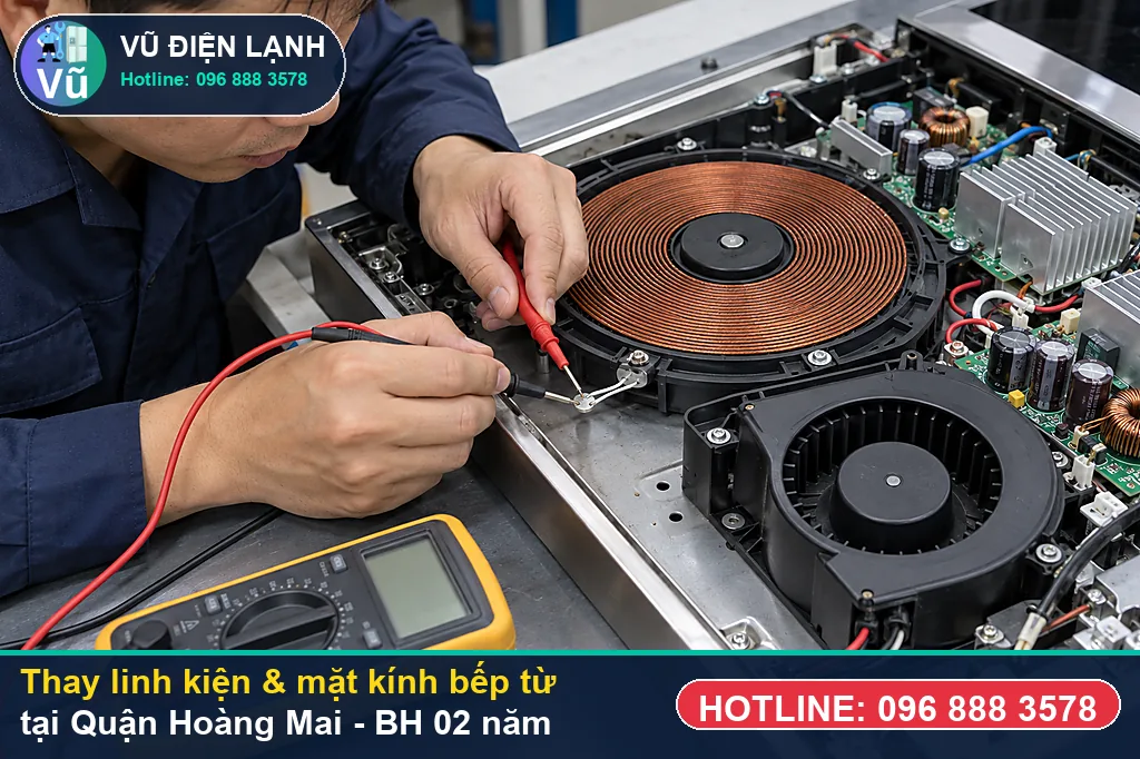 Khách hàng tại Quận Hoàng Mai kiểm tra linh kiện bếp từ chính hãng và nhận phiếu bảo hành 02 năm của Vũ Điện Lạnh