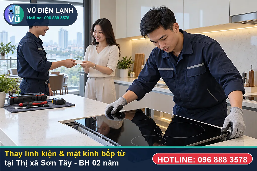Khách hàng tại Thị xã Sơn Tây kiểm tra linh kiện bếp từ chính hãng và nhận phiếu bảo hành 02 năm của Vũ Điện Lạnh