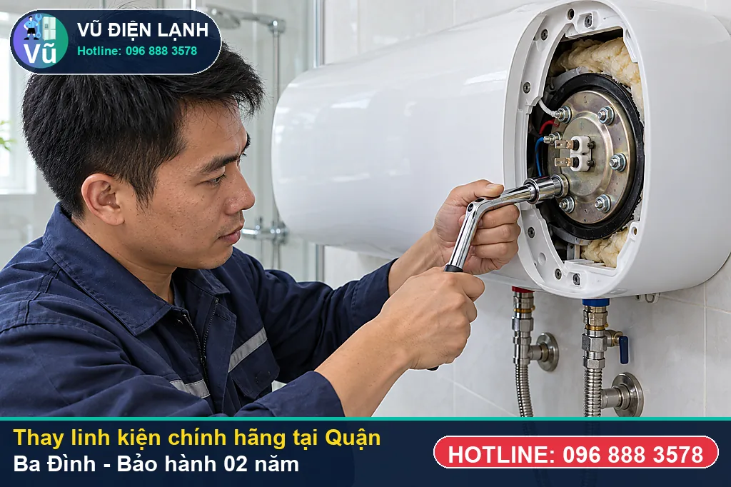 Khách hàng tại Quận Ba Đình kiểm tra linh kiện bình nóng lạnh chính hãng và nhận phiếu bảo hành 02 năm của Vũ Điện Lạnh