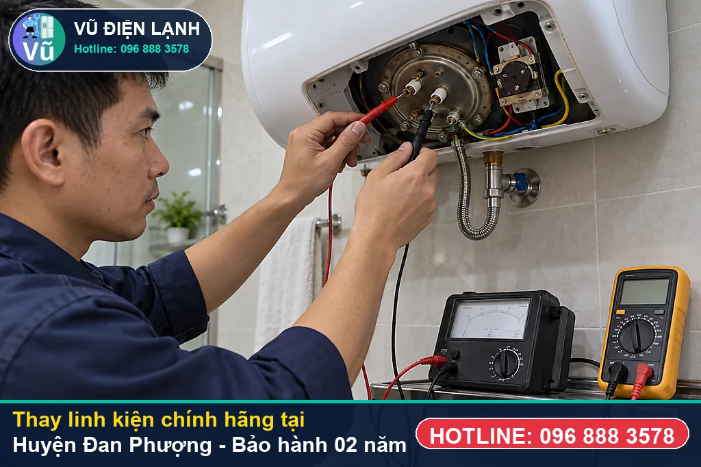 Khách hàng tại Huyện Đan Phượng kiểm tra linh kiện bình nóng lạnh chính hãng và nhận phiếu bảo hành 02 năm của Vũ Điện Lạnh