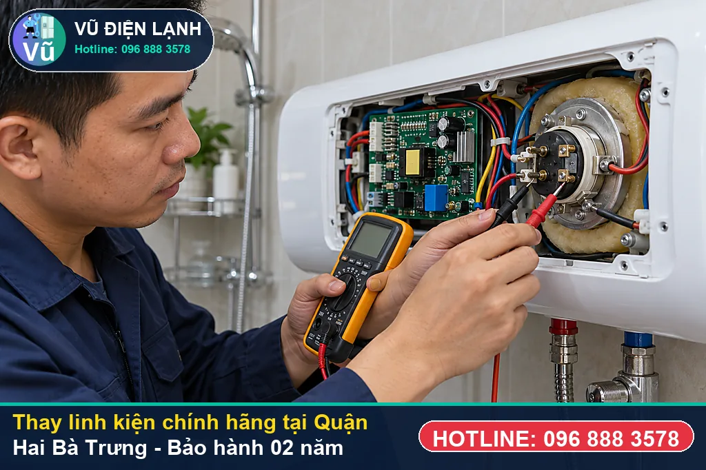 Khách hàng tại Quận Hai Bà Trưng kiểm tra linh kiện bình nóng lạnh chính hãng và nhận phiếu bảo hành 02 năm của Vũ Điện Lạnh