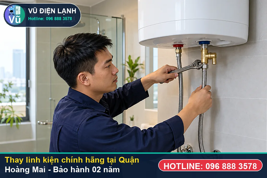 Khách hàng tại Quận Hoàng Mai kiểm tra linh kiện bình nóng lạnh chính hãng và nhận phiếu bảo hành 02 năm của Vũ Điện Lạnh