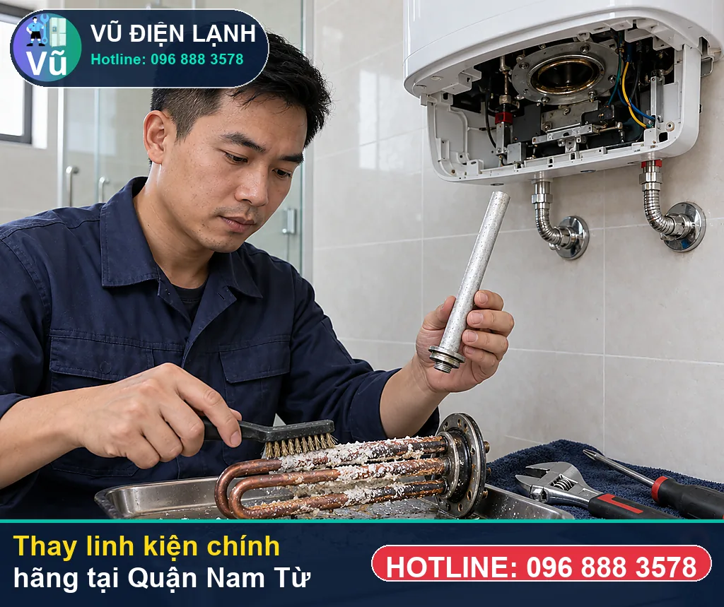 Khách hàng tại Quận Nam Từ Liêm kiểm tra linh kiện bình nóng lạnh chính hãng và nhận phiếu bảo hành 02 năm của Vũ Điện Lạnh