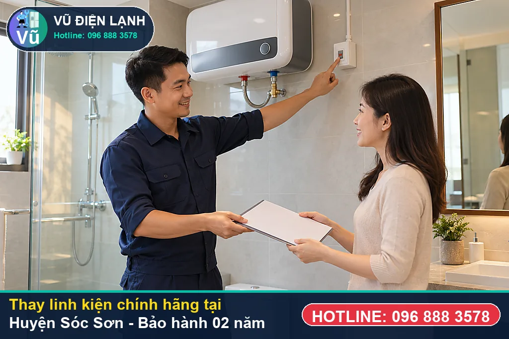 Khách hàng tại Huyện Sóc Sơn kiểm tra linh kiện bình nóng lạnh chính hãng và nhận phiếu bảo hành 02 năm của Vũ Điện Lạnh
