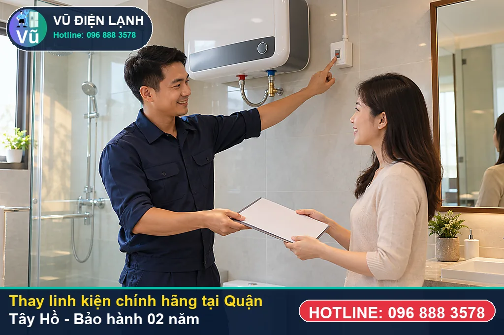 Khách hàng tại Quận Tây Hồ kiểm tra linh kiện bình nóng lạnh chính hãng và nhận phiếu bảo hành 02 năm của Vũ Điện Lạnh
