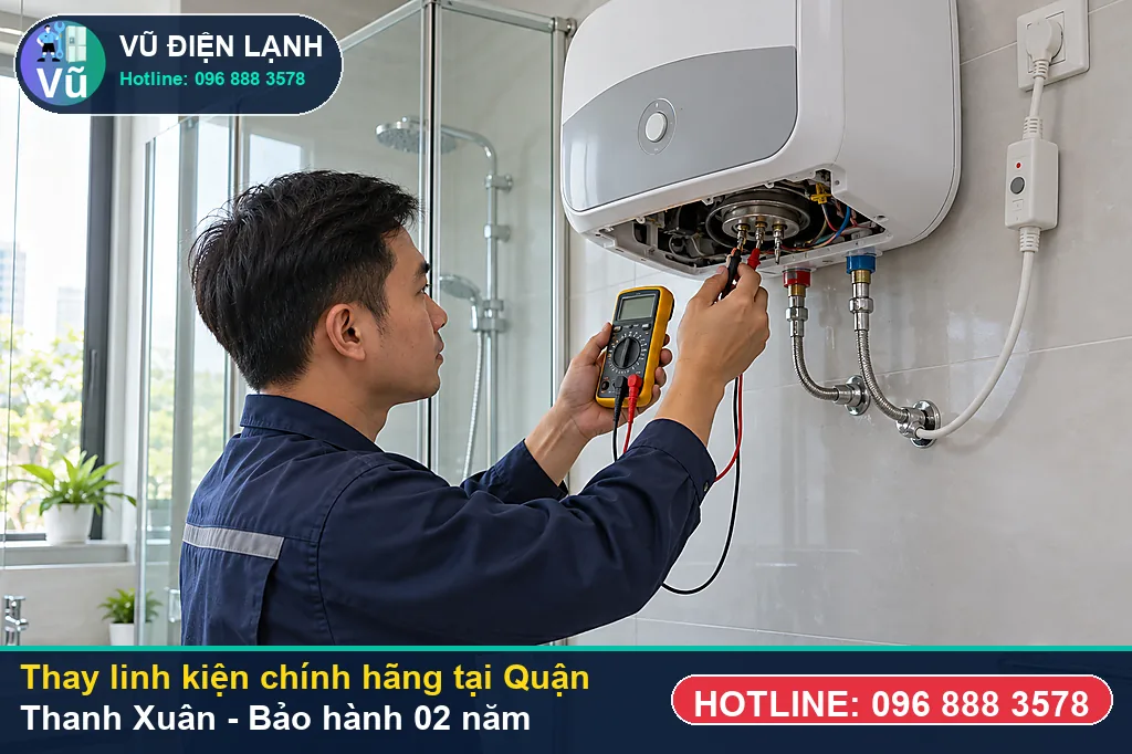 Khách hàng tại Quận Thanh Xuân kiểm tra linh kiện bình nóng lạnh chính hãng và nhận phiếu bảo hành 02 năm của Vũ Điện Lạnh