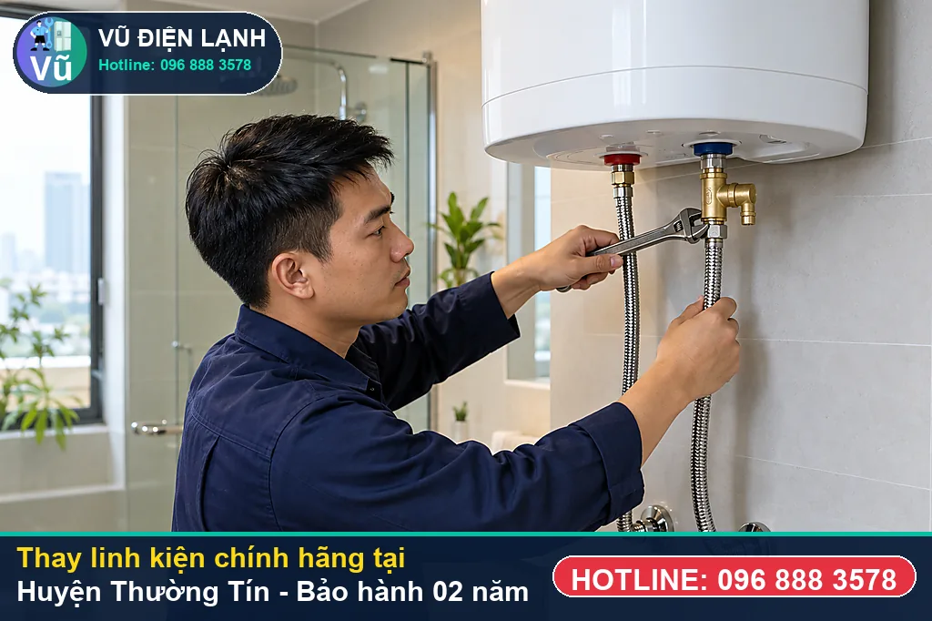 Khách hàng tại Huyện Thường Tín kiểm tra linh kiện bình nóng lạnh chính hãng và nhận phiếu bảo hành 02 năm của Vũ Điện Lạnh