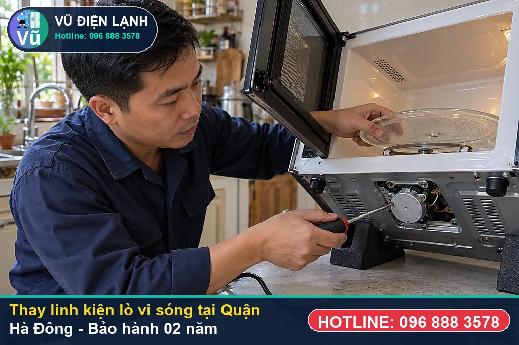Khách hàng tại Quận Hà Đông kiểm tra linh kiện lò vi sóng chính hãng và nhận phiếu bảo hành 02 năm của Vũ Điện Lạnh