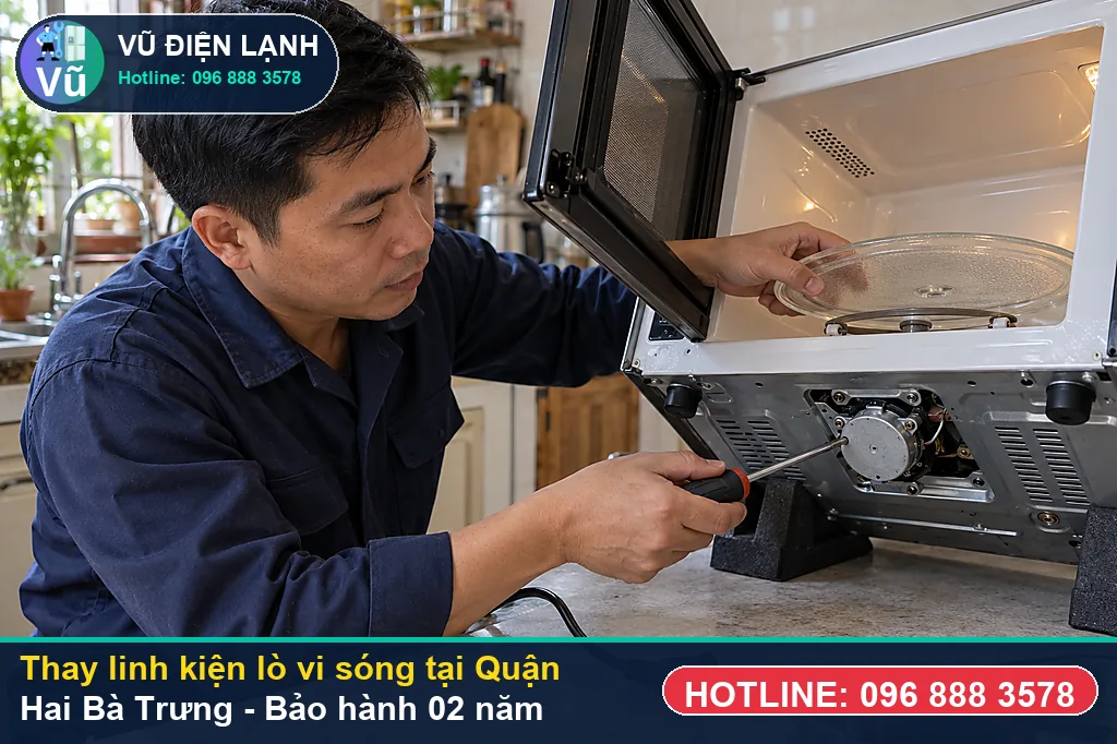 Khách hàng tại Quận Hai Bà Trưng kiểm tra linh kiện lò vi sóng chính hãng và nhận phiếu bảo hành 02 năm của Vũ Điện Lạnh