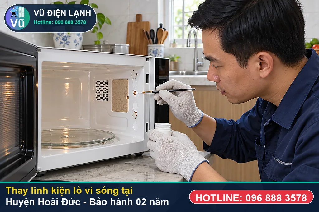 Khách hàng tại Huyện Hoài Đức kiểm tra linh kiện lò vi sóng chính hãng và nhận phiếu bảo hành 02 năm của Vũ Điện Lạnh